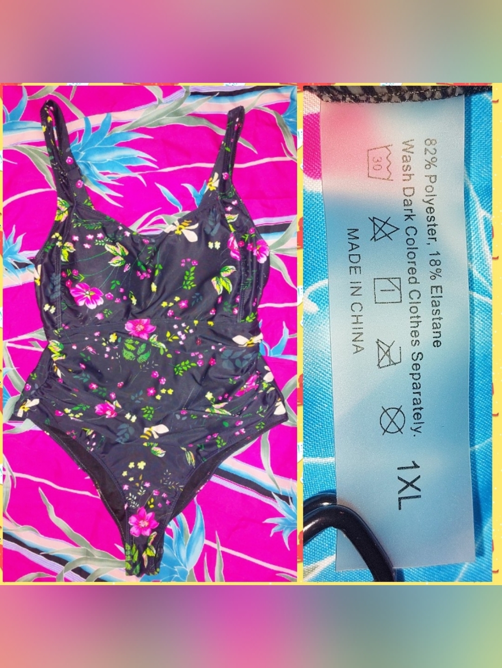 Unbranded Black/Multicolors Floral Soft Knit 1 Piece Swimsuit Sz 1XL(12/14/16)